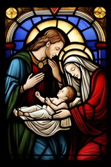 Saint Virgin Mary and Joseph with the newborn baby Jesus Christ birth in a manger in a stable, Christmas nativity scene. Christian religious stained glass representation
