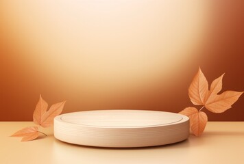 autumn leaves on a circular shape of wood placed on a table,