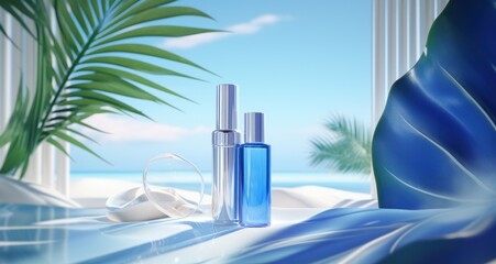 Fototapeta na wymiar bottle and bottle of cosmetics with background in blue
