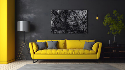  Interior of living room with yellow sofa light black background