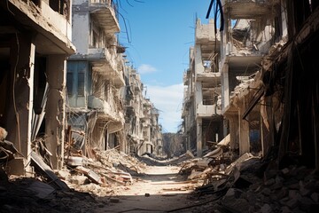 Aftermath of War. Ravaged City Street with Destroyed Buildings, a Grim Reminder of the Devastation