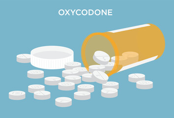Oxycodone stock illustration with prescription bottle and pills - obrazy, fototapety, plakaty