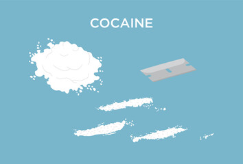 Vector illustration of cocaine with piles and lines of cocaine with a razor blade - obrazy, fototapety, plakaty