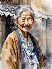 High detailed watercolor illustration of smiling old asian woman with gray hair