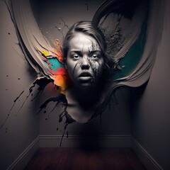 Surreal portrait fusing a child's face with explosive color splashes