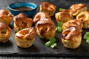Mini Toad in the hole, Baked sausages in Yorkshire pudding with gravy