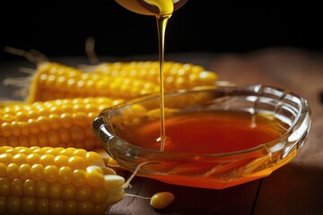 A close-up of thick corn syrup being poured into a glass dish with corn cobs nearby