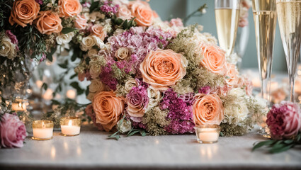 Obraz na płótnie Canvas Beautiful bridal bouquet, glass of champagne decoration