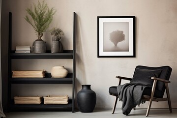 Interior design of living room with black poster mock up frame, shelf, cacti, plant, books, photo camera, wooden ladder and elegant personal accessoreis.