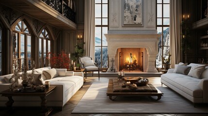 Fototapeta na wymiar Luxurious interior design living room and fireplace in a beautiful house daytime