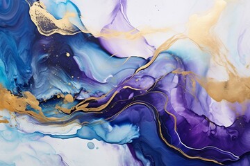 Luxury abstract fluid art painting in alcohol ink technique, mixture of blue and purple paints - obrazy, fototapety, plakaty