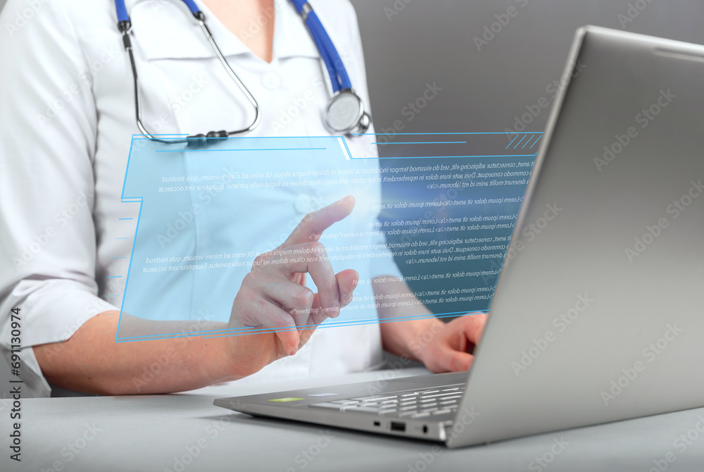 Poster doctor and technology. practitioner using computer, clicking on screen