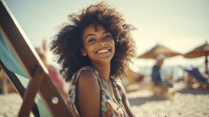 Beautiful Black Woman At Beach. Generative AI - obrazy, fototapety, plakaty
