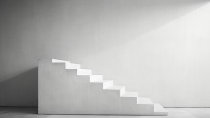  a black and white photo of a set of stairs in an empty room with a bright light coming from the top of one of the stairs to the bottom of the stairs.