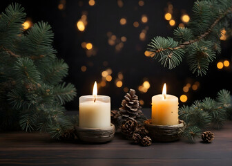 Obraz na płótnie Canvas winter holidays and celebration concept - close up of candle burning on table and fir branch over black background