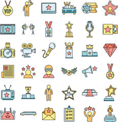 Celebrity famous icons set. Outline set of celebrity famous vector icons thin line color flat on white