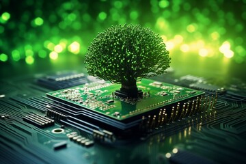 Tree growing on the converging point of computer circuit board. Green computing, Green technology,