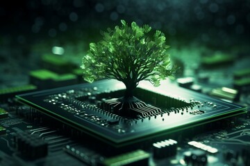 Tree growing on the converging point of computer circuit board. Green computing, Green technology,