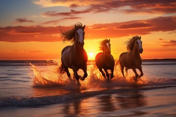 Wild horses running free on the beach sunset