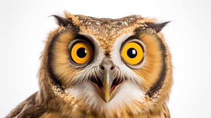 Shocked owl with big orange eyes on white background - obrazy, fototapety, plakaty