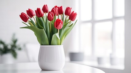 Fototapeta na wymiar White bathroom with modern vase holding tulips on counter