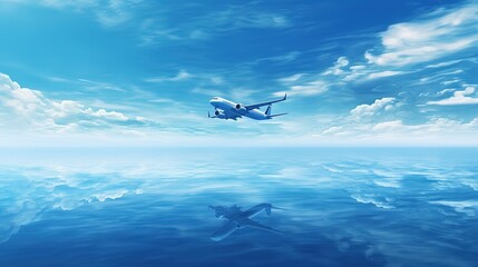 The plane flies over the blue surface of the sea, Transport concept