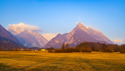 Fototapeta premium Winter landscape near village Bovec, Triglavski national park, Slovenia