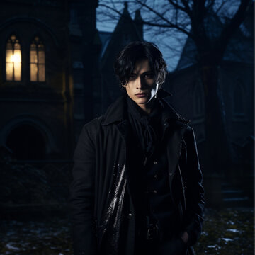 18 year old  boy with black hair and wearing medieval black clothes, standing outside a victorian mental asylum at night, dark fantasy