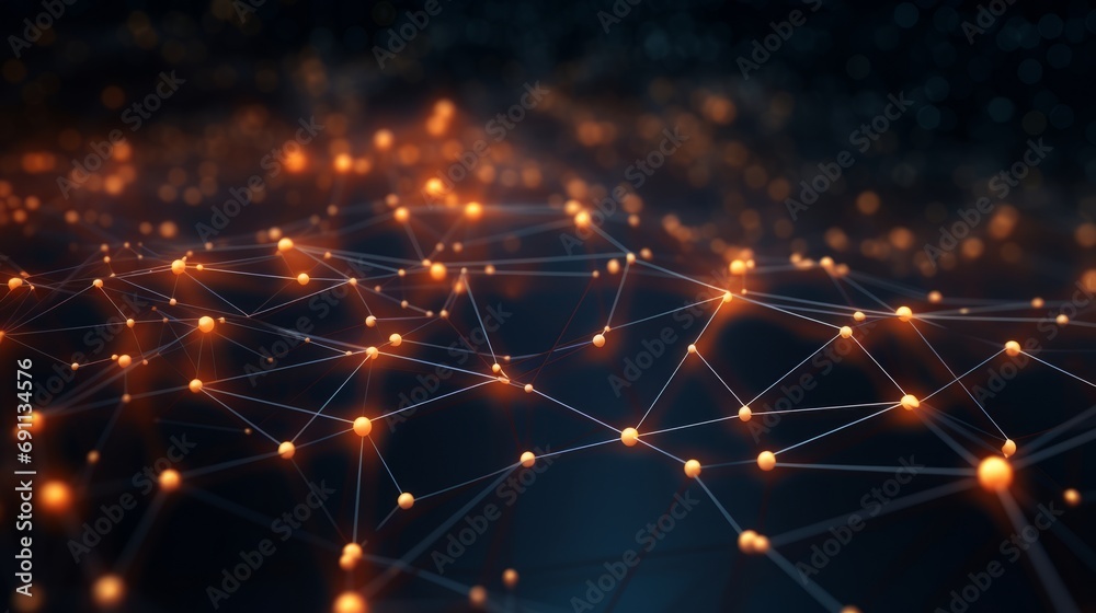 Poster futuristic data network: abstract 3d rendering of connecting dots and lines on dark background - tec