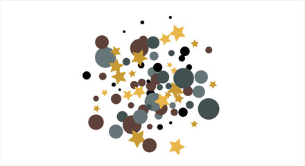 Gold, blue, brown, black confetti with circles and stars. Cosmic shine. Christmas abstract pattern. Beautiful illustration for postcard, banner, web. Background for the image. Vector illustration