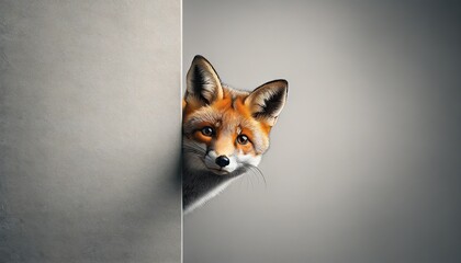 cautious fox peers from a corner, its vivid fur against a light grey background creating contrast