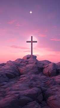 Drawn illustration, Christian cross on the top of a mountain with teh moonlight on background, pink and purple colored.