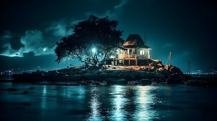 Fototapeta premium A Serene Wooden House on a Small rocky Island in the Middle of the Ocean, and a tree with a bright light and reflect on the water at night time.