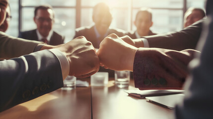 A group of businessmen in elegant suits doing a fist bump in a modern office interior. Male investors assembled together, agreeing to cooperation and partnership at a meeting. Teamwork concept - obrazy, fototapety, plakaty