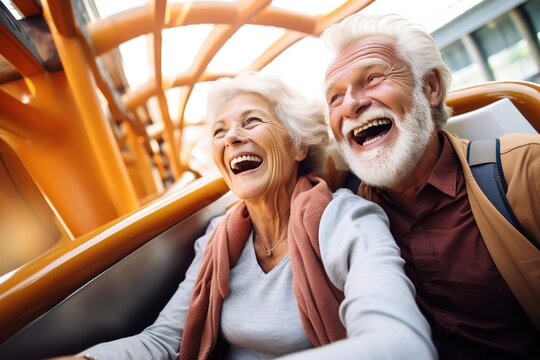 Fun Woman Elderly Senior Man Happiness Amusement Park Adult Couple Rollercoaster Retirement Friendship Enjoyment Togetherness Freedom