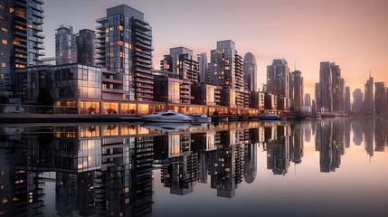 An elite apartment complex or business district with yacht parking at the bay, reflection at the water.