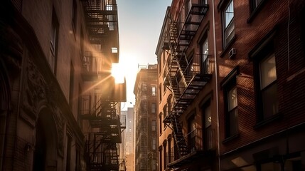 Urban serenity with Brick alley with fire escapes, warm sunlight, quiet atmosphere, reminiscent of older city districts.