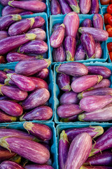 Eggplants for sale at the weekly Farmers Market, Reston, Virginia, USA.