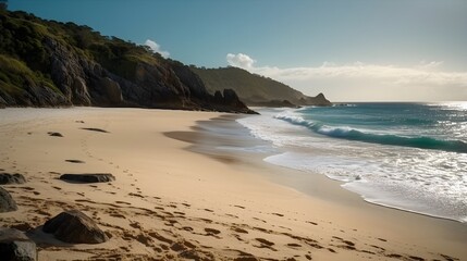 Pristine Beachfront with Lush Greenery and Rugged Cliffs in the Morning Bright Light and Blue Sky.