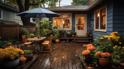 Serene post rain scene with wooden patio, rain kissed, lush flora, tranquil ambiance, embraced by soft light in a tended garden. Backyard home a place to relax, gather, and sit. - obrazy, fototapety, plakaty