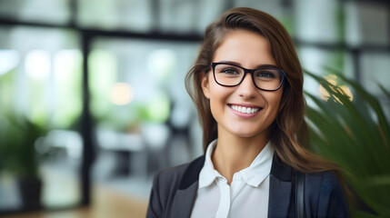 Fototapeta premium Beautiful young businesswoman wearing white shirt, elegant suit and glasses. Looking at the camera, and smiling. Standing in modern office interior with decorative green plants,female company employee