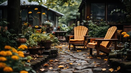 Backyard garden terrace with cozy wooden chair, full of flowers and green plant, shady area a place to sit and relax. - obrazy, fototapety, plakaty