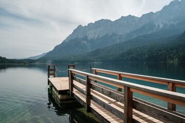 View from the shore of Lake Eibsee in Germany, with the mountain Zugspitze in the background.