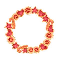 Hand drawn watercolor gingerbread house and cookies wreath isolated on white background. Can be used for cards, album and other printed products.