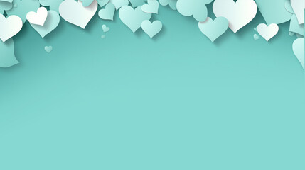 Valentine's day concept ,mint color sky and paper cut with hanging hearts, space for text