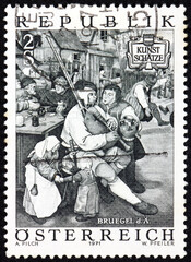 Postage stamp Austria 1971 Village Feast, detail of painting by Peter Brueghel, the Elder, Flemish painter