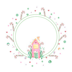 Watercolor hand drawn christmas house with sweets wreath isolated on white background. Can be used for post cards, label, banner, scrapbook and other printed products.