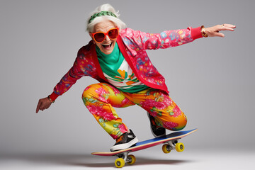 Mature funny older woman with wrinkled face in colorful clothes on skateboard isolated in gray background, An energetic happy grandmother on skateboard, playful funky poses of an adult woman skating - obrazy, fototapety, plakaty