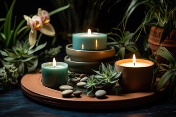 Fototapeta na wymiar candles on rimmed plates with plants and flowers