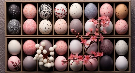 colorful easter eggs in wooden box with cherry blossoms and flowers